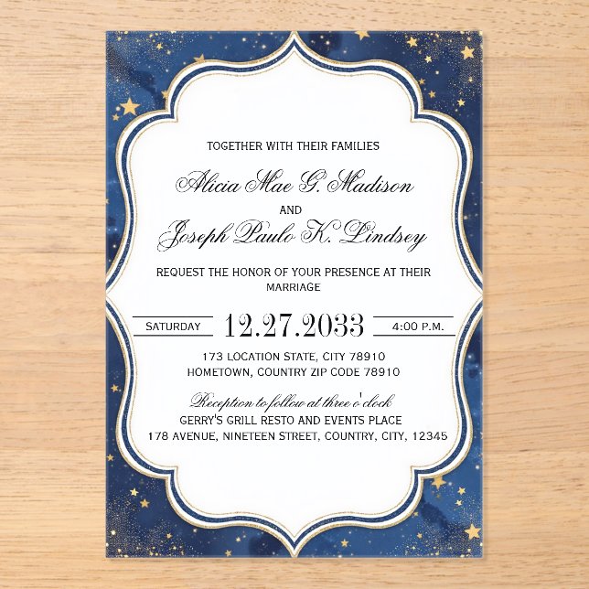 Invitación de boda elegante con flores azules boho (Anverso)