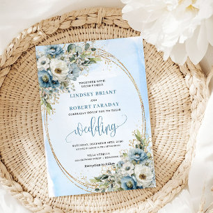 Invitación de boda elegante con flores azules y br
