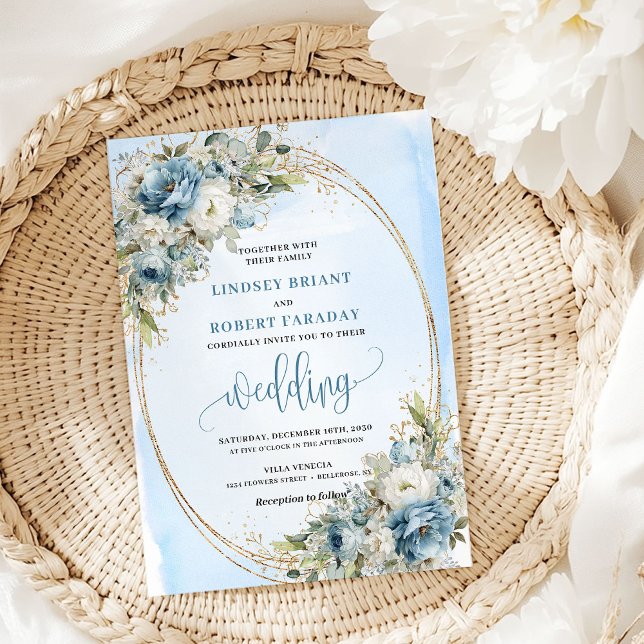 Invitación de boda elegante con flores azules y br (Elegant Blue Flowers Gold Glitter Wedding Invite)