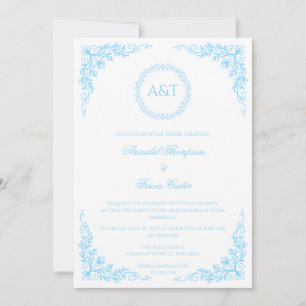 Invitación de boda elegante con flores azules y mo