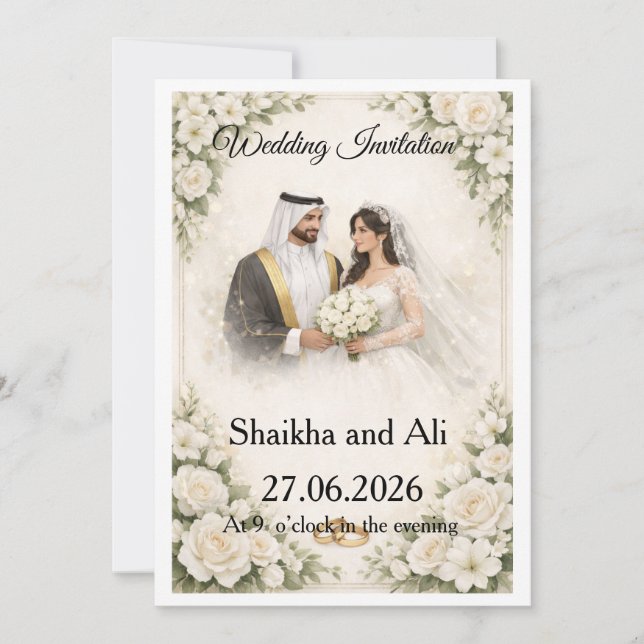 Invitación de boda elegante con flores blancas y  (Anverso)