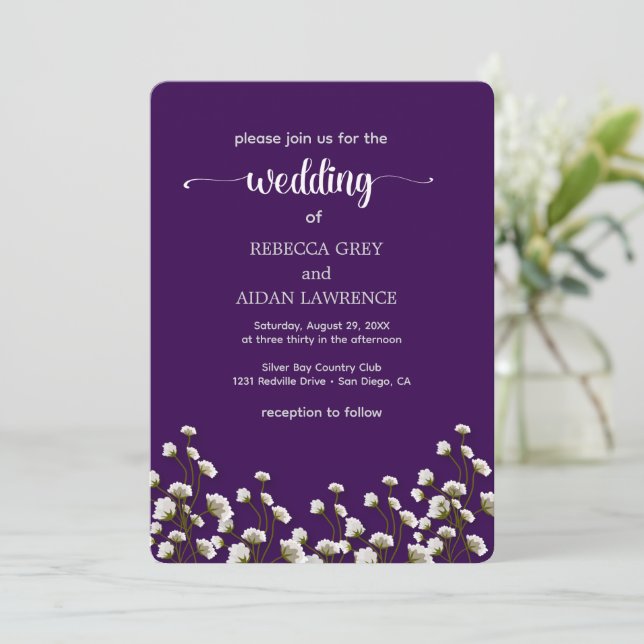 Invitación de boda elegante con flores moradas (Anverso de pie)