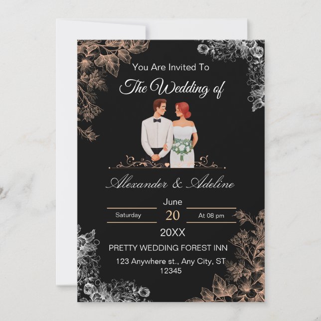 Invitación de boda elegante con flores oscuras (Anverso)