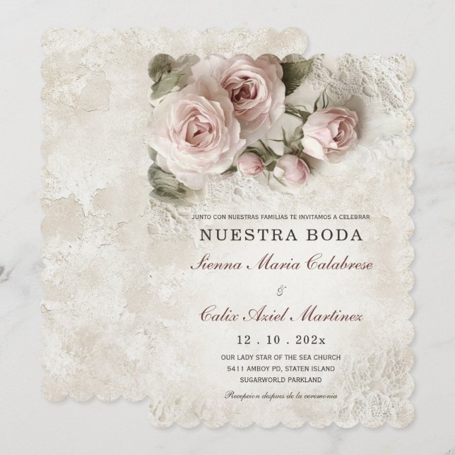 Invitación De Boda Elegante Con Flores Rosa Pastel (Anverso / Reverso)