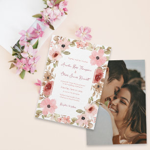 Invitación de boda elegante con flores rosadas y f