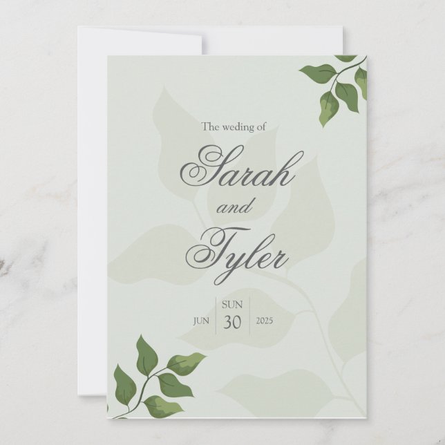 Invitación de boda elegante con follaje verde boho (Anverso)