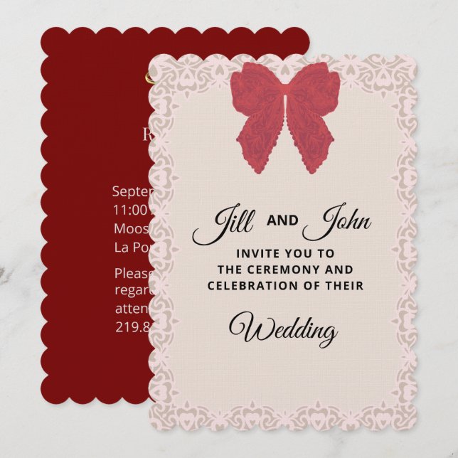 Invitación de Boda Elegante con Lazo de Encaje (Anverso / Reverso)