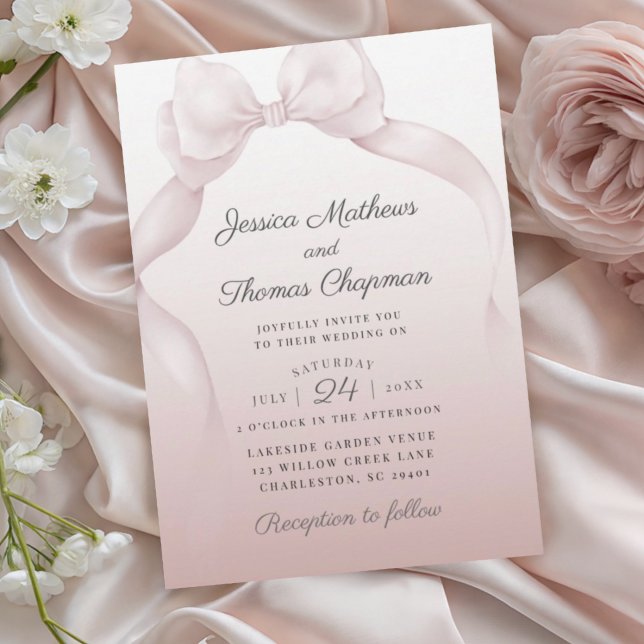 Invitación de boda elegante con lazo rosa rubor (Subido por el creador)
