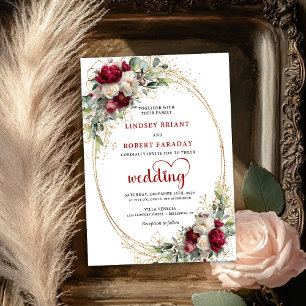 Invitación de boda elegante con marco dorado y flo