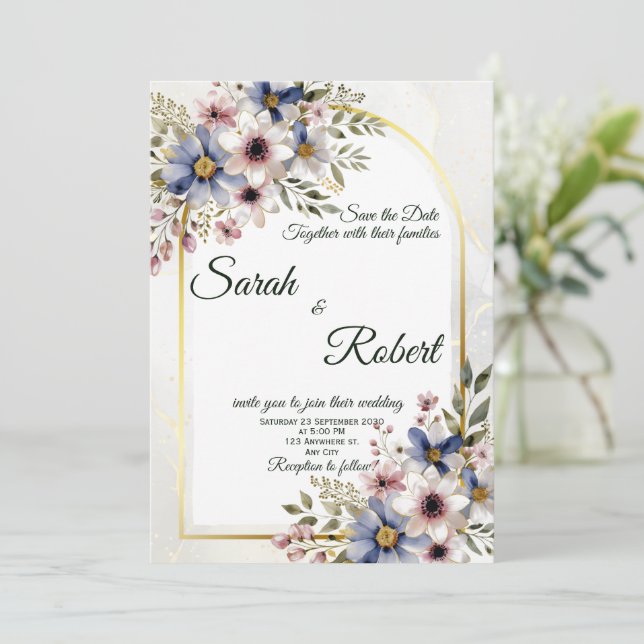 Invitación de Boda Elegante con Marco Floral Azul  (Anverso de pie)
