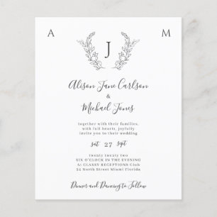 Invitación de boda elegante con monograma y hojas 