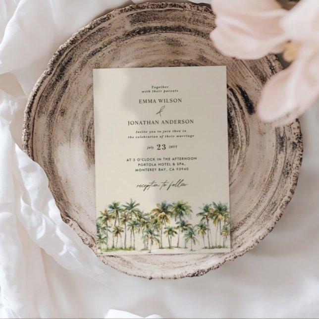 Invitación de boda elegante con palmera y código Q (Subido por el creador)