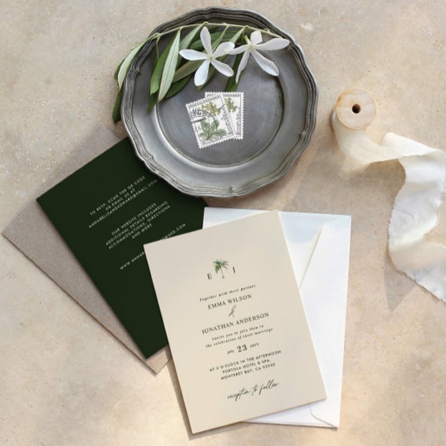 Invitación de boda elegante con palmera y código Q (Subido por el creador)