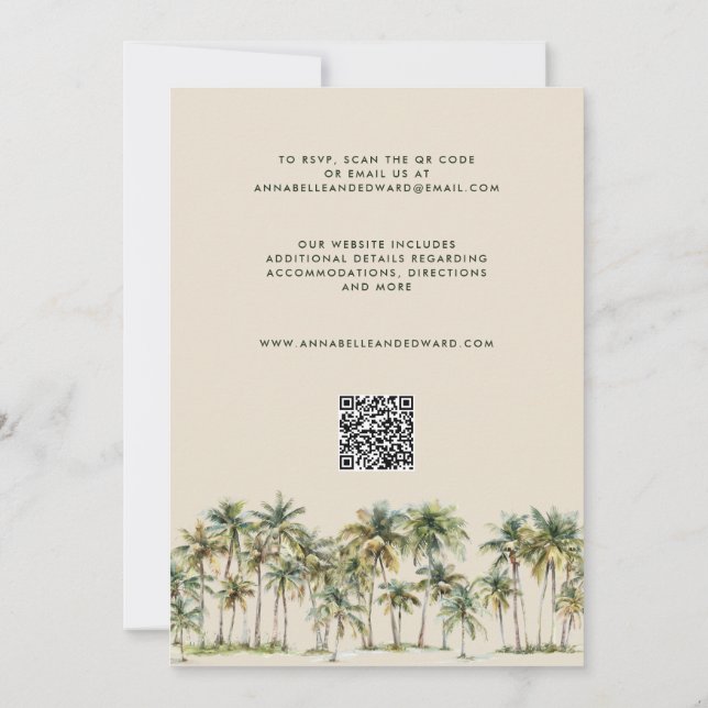 Invitación de boda elegante con palmera y código Q (Reverso)