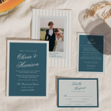 Invitación de boda elegante con raya azul náutica