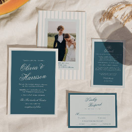 Invitación de boda elegante con raya azul náutica
