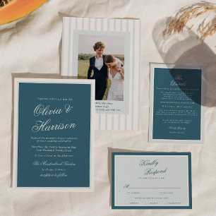 Invitación de boda elegante con raya azul náutica