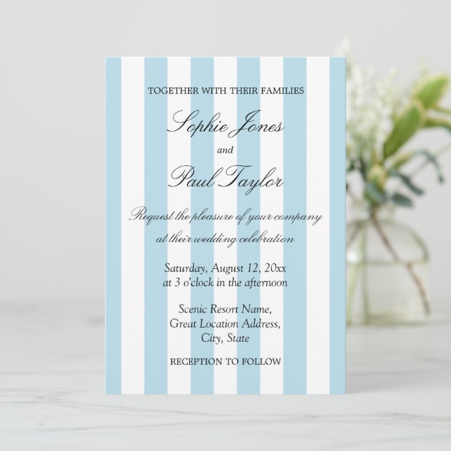Invitación de boda elegante con rayas azules pálid (Anverso de pie)