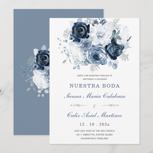 Invitación De Boda Elegante Con Rosas Azules (Anverso / Reverso)