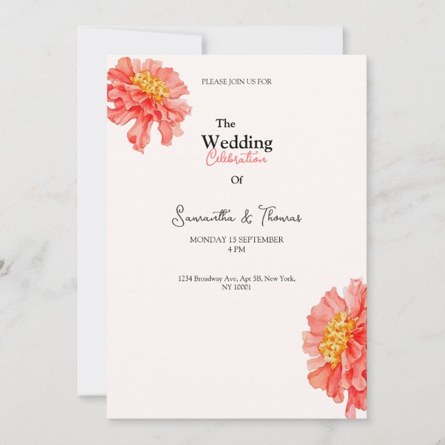 invitación de boda elegante con rosas de tono melo (Anverso)