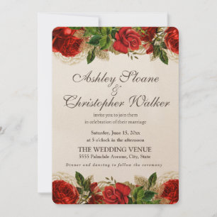 Invitación de boda elegante con rosas vintage roja