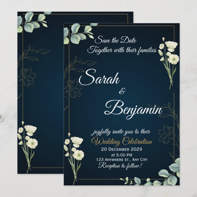 Invitación de boda elegante con vegetación de la m (Anverso / Reverso)