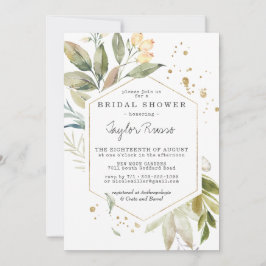 Invitación de boda elegante con vegetación dorada
