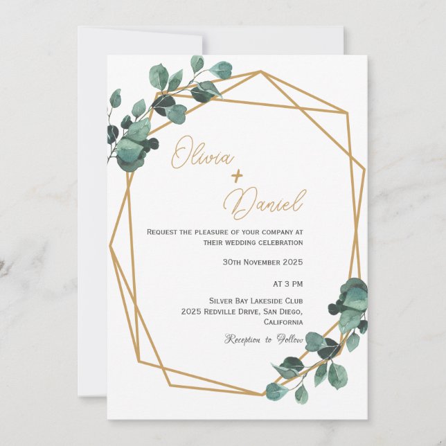 Invitación de boda elegante con vegetación y marco (Anverso)