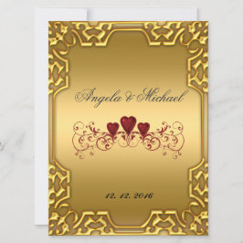 Invitación de boda elegante corazones rojos dorado