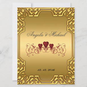 Invitación de boda elegante corazones rojos dorado
