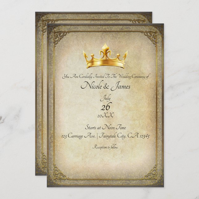 Invitación de boda elegante corona dorada real vin (Anverso / Reverso)