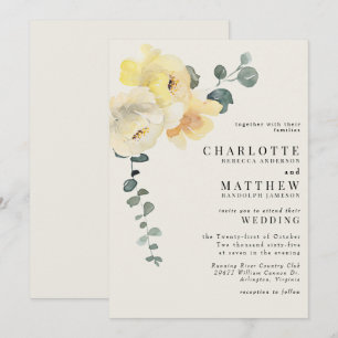 Invitación de boda elegante crema floral amarilla