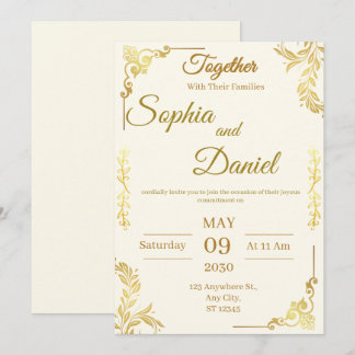 Invitación de boda elegante crema y dorada