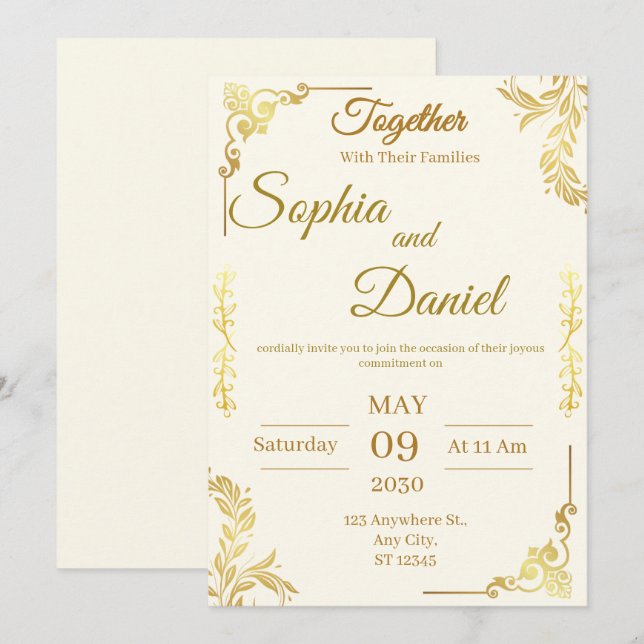 Invitación de boda elegante crema y dorada (Anverso / Reverso)