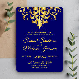 Invitación de boda elegante damasco azul real y do