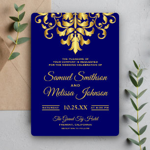 Invitación de boda elegante damasco azul real y do