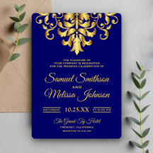 Invitación de boda elegante damasco azul real y do