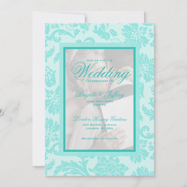 invitación de boda elegante damasco azul teal (Anverso)