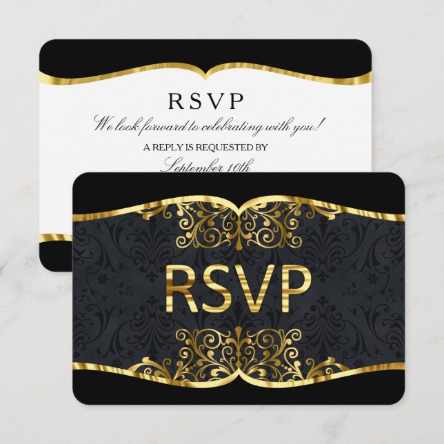 Invitación de boda elegante damasco dorado negro R (Anverso / Reverso)