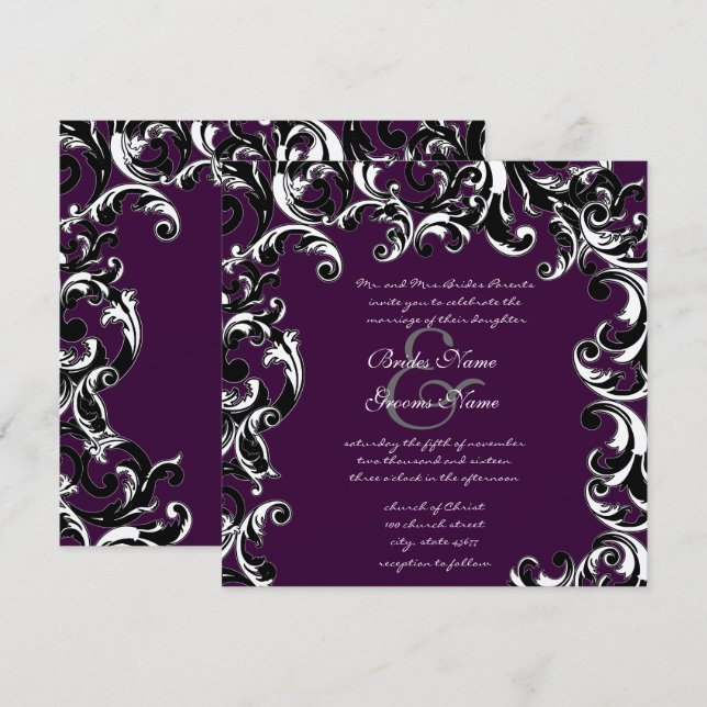 Invitación de boda elegante de berenjena profunda  (Anverso / Reverso)