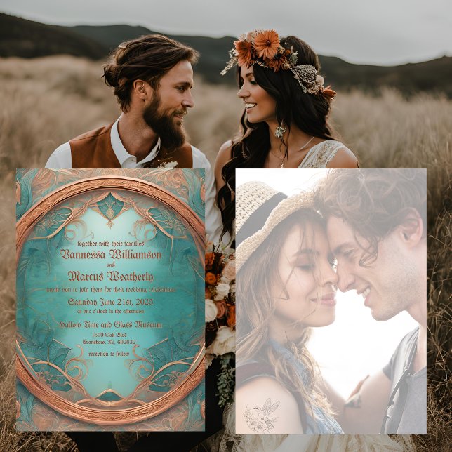 Invitación de boda elegante de cobre y turquesa (Subido por el creador)