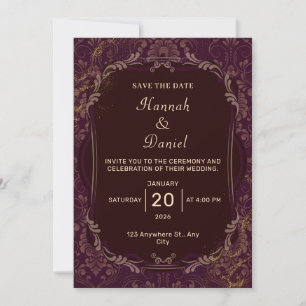 Invitación de boda elegante de color granate y dor