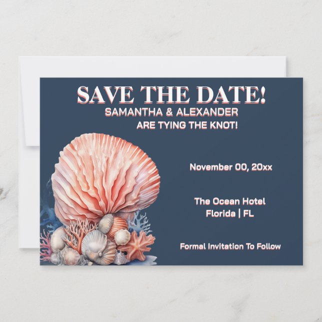 Invitación de boda elegante de coral de playa azul (Anverso)
