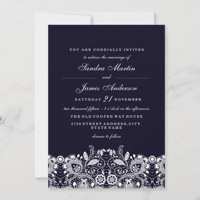 Invitación de boda elegante de encaje blanco azul  (Anverso)