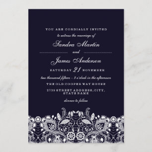Invitación de boda elegante de encaje blanco azul