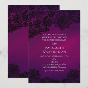 Invitación de boda elegante de encaje rosa y morad
