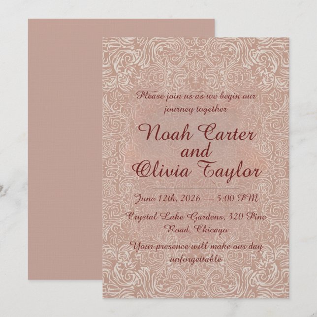 Invitación de boda elegante de encaje rosado (Anverso / Reverso)