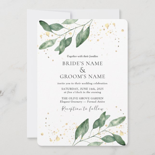 Invitación de boda elegante de eucalipto dorado (Anverso)