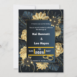 Invitación de boda elegante de flores doradas navi