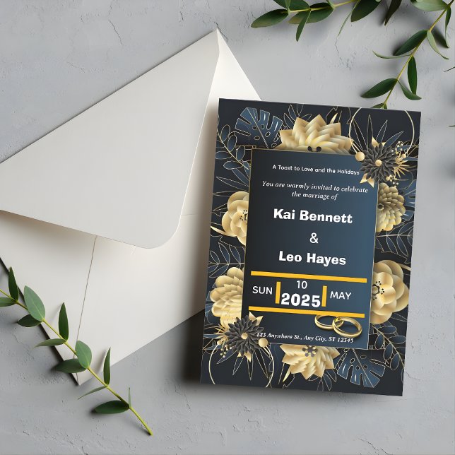 Invitación de boda elegante de flores doradas navi (Elegant Gold Floral Navy Holiday Wedding Invite)